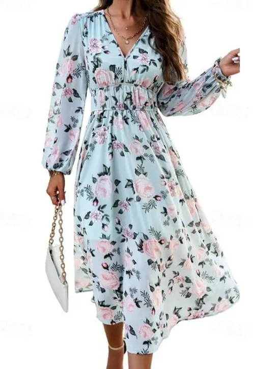 Hot Women's Long Dress Maxi Dress Casual Dress A Line Dress Floral Dress Summer Dress Elegant Stylish Vacation Daily Date Regular Fit Floral Long Sleeve V Neck Pink Light Blue Summer Women Spring Dresses