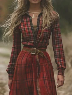 Outlet Women's Long Dress Maxi Dress Plaid Dress Casual Dress Swing Dress Summer Dress Vintage Vacation Daily Holiday Regular Fit Plaid Long Sleeve V Neck Summer Women Floral Dresses