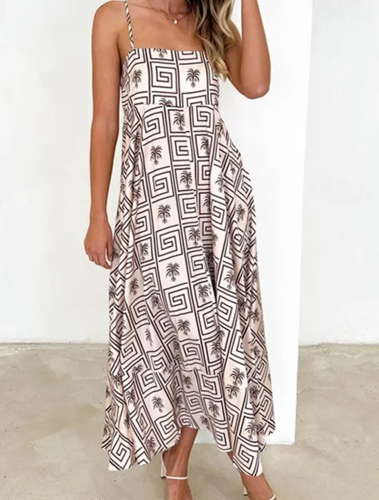 Online Women's Long Dress Maxi Dress Casual Dress Maxi Dress Summer Dress Slip Dress Stylish Casual Vacation Daily Date Regular Fit Geometric Sleeveless Strap Navy Blue Khaki Apricot Summer Spring Women Spring Dresses