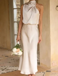 Sale Women's Long Dress Maxi Dress Prom Dress Casual Dress Satin Dress Summer Dress Fashion Outdoor Holiday Date Regular Fit Plain Sleeveless Halter Neck Black Apricot Rose Pink Summer Spring Women Cocktail Dress