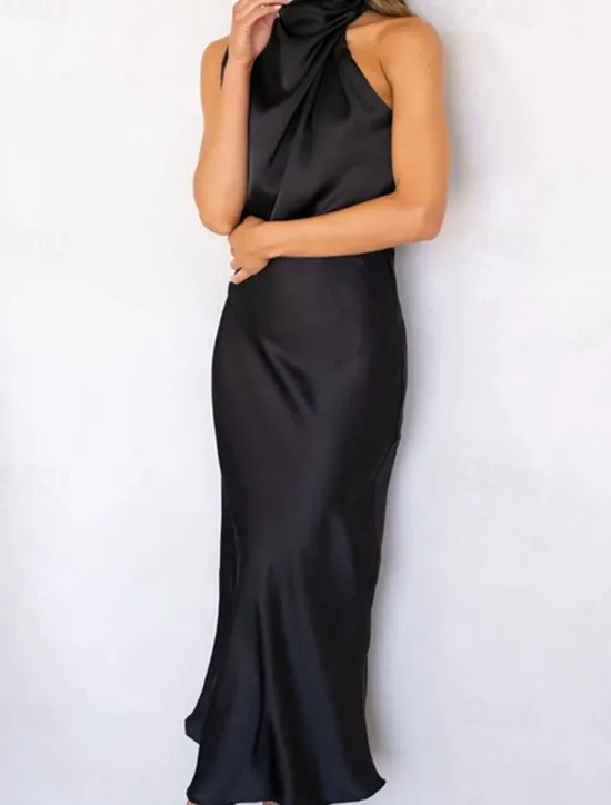 Sale Women's Long Dress Maxi Dress Prom Dress Casual Dress Satin Dress Summer Dress Fashion Outdoor Holiday Date Regular Fit Plain Sleeveless Halter Neck Black Apricot Rose Pink Summer Spring Women Cocktail Dress
