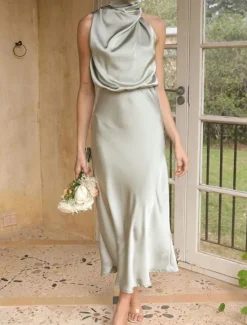 Sale Women's Long Dress Maxi Dress Prom Dress Casual Dress Satin Dress Summer Dress Fashion Outdoor Holiday Date Regular Fit Plain Sleeveless Halter Neck Black Apricot Rose Pink Summer Spring Women Cocktail Dress