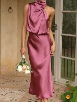 Sale Women's Long Dress Maxi Dress Prom Dress Casual Dress Satin Dress Summer Dress Fashion Outdoor Holiday Date Regular Fit Plain Sleeveless Halter Neck Black Apricot Rose Pink Summer Spring Women Cocktail Dress