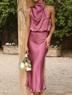 Sale Women's Long Dress Maxi Dress Prom Dress Casual Dress Satin Dress Summer Dress Fashion Outdoor Holiday Date Regular Fit Plain Sleeveless Halter Neck Black Apricot Rose Pink Summer Spring Women Cocktail Dress