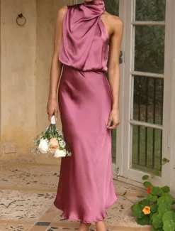 Sale Women's Long Dress Maxi Dress Prom Dress Casual Dress Satin Dress Summer Dress Fashion Outdoor Holiday Date Regular Fit Plain Sleeveless Halter Neck Black Apricot Rose Pink Summer Spring Women Cocktail Dress