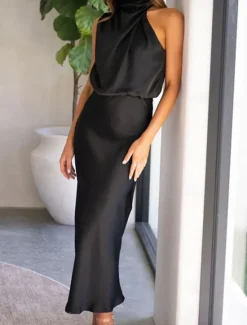 Sale Women's Long Dress Maxi Dress Prom Dress Casual Dress Satin Dress Summer Dress Fashion Outdoor Holiday Date Regular Fit Plain Sleeveless Halter Neck Black Apricot Rose Pink Summer Spring Women Cocktail Dress