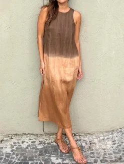 Online Women's Long Dress Maxi Dress Maxi Dress Linen-Inspired Dresses Cotton Linen Dress Sundress Cotton Summer Dress Stylish Vacation Daily Date Regular Fit Ombre Short Sleeve Crew Neck Blue Purple Brown Women Dresses