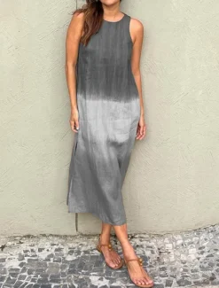 Online Women's Long Dress Maxi Dress Maxi Dress Linen-Inspired Dresses Cotton Linen Dress Sundress Cotton Summer Dress Stylish Vacation Daily Date Regular Fit Ombre Short Sleeve Crew Neck Blue Purple Brown Women Dresses
