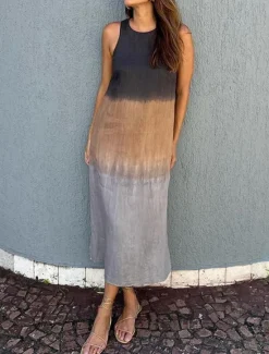 Online Women's Long Dress Maxi Dress Maxi Dress Linen-Inspired Dresses Cotton Linen Dress Sundress Cotton Summer Dress Stylish Vacation Daily Date Regular Fit Ombre Short Sleeve Crew Neck Blue Purple Brown Women Dresses