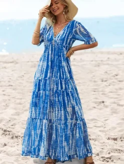 Women's Long Dress Maxi Dress Casual Dress Chiffon Dress Swing Dress Summer Dress Streetwear Maxi Vacation Street Holiday Loose Fit Tie Dye Short Sleeve V Neck Summer Women Chiffon Dresses