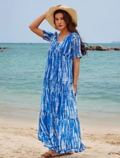 Women's Long Dress Maxi Dress Casual Dress Chiffon Dress Swing Dress Summer Dress Streetwear Maxi Vacation Street Holiday Loose Fit Tie Dye Short Sleeve V Neck Summer Women Chiffon Dresses