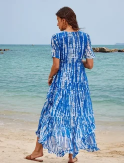 Women's Long Dress Maxi Dress Casual Dress Chiffon Dress Swing Dress Summer Dress Streetwear Maxi Vacation Street Holiday Loose Fit Tie Dye Short Sleeve V Neck Summer Women Chiffon Dresses