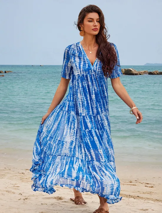 Women's Long Dress Maxi Dress Casual Dress Chiffon Dress Swing Dress Summer Dress Streetwear Maxi Vacation Street Holiday Loose Fit Tie Dye Short Sleeve V Neck Summer Women Chiffon Dresses