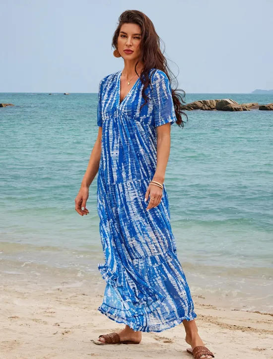 Women's Long Dress Maxi Dress Casual Dress Chiffon Dress Swing Dress Summer Dress Streetwear Maxi Vacation Street Holiday Loose Fit Tie Dye Short Sleeve V Neck Summer Women Chiffon Dresses