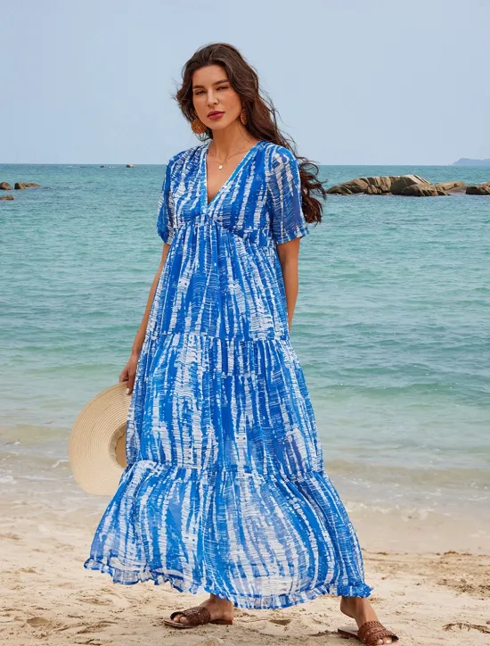 Women's Long Dress Maxi Dress Casual Dress Chiffon Dress Swing Dress Summer Dress Streetwear Maxi Vacation Street Holiday Loose Fit Tie Dye Short Sleeve V Neck Summer Women Chiffon Dresses