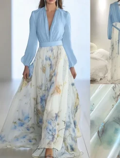 Women's Long Dress Maxi Dress Casual Dress Floral Dress Elegant Fashion Romantic Outdoor Holiday Date Regular Fit Flower Long Sleeve V Neck White Blue Summer Spring Women Floral Dresses