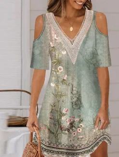 Online Women's Long Dress Maxi Dress A Line Dress Boho Dress Elegant Stylish Casual Vacation Daily Regular Fit Floral Short Sleeve V Neck Red Blue Purple Green Summer Spring Women Floral Dresses
