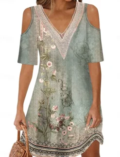 Online Women's Long Dress Maxi Dress A Line Dress Boho Dress Elegant Stylish Casual Vacation Daily Regular Fit Floral Short Sleeve V Neck Red Blue Purple Green Summer Spring Women Floral Dresses