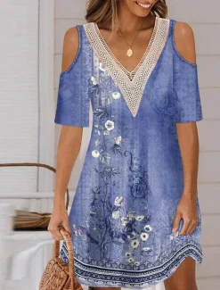 Online Women's Long Dress Maxi Dress A Line Dress Boho Dress Elegant Stylish Casual Vacation Daily Regular Fit Floral Short Sleeve V Neck Red Blue Purple Green Summer Spring Women Floral Dresses