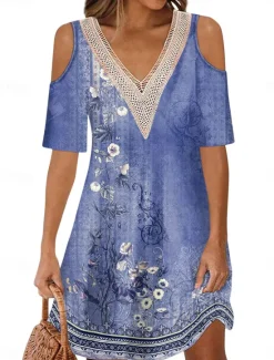 Online Women's Long Dress Maxi Dress A Line Dress Boho Dress Elegant Stylish Casual Vacation Daily Regular Fit Floral Short Sleeve V Neck Red Blue Purple Green Summer Spring Women Floral Dresses