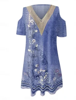 Online Women's Long Dress Maxi Dress A Line Dress Boho Dress Elegant Stylish Casual Vacation Daily Regular Fit Floral Short Sleeve V Neck Red Blue Purple Green Summer Spring Women Floral Dresses
