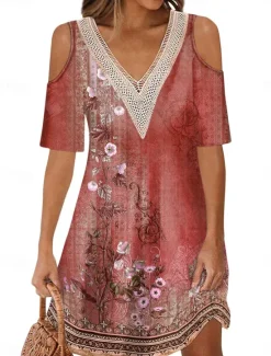 Online Women's Long Dress Maxi Dress A Line Dress Boho Dress Elegant Stylish Casual Vacation Daily Regular Fit Floral Short Sleeve V Neck Red Blue Purple Green Summer Spring Women Floral Dresses