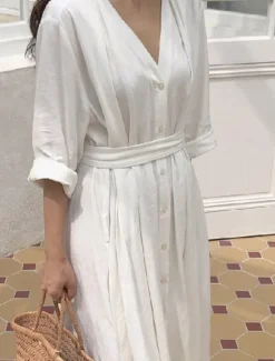 Best Women's Long Dress Maxi Dress Linen-Inspired Dresses White Dress Casual Dress Stylish Casual Vacation Daily Date Regular Fit Plain Long Sleeve V Neck Black White Summer Spring Women Dresses