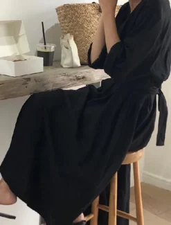 Best Women's Long Dress Maxi Dress Linen-Inspired Dresses White Dress Casual Dress Stylish Casual Vacation Daily Date Regular Fit Plain Long Sleeve V Neck Black White Summer Spring Women Dresses