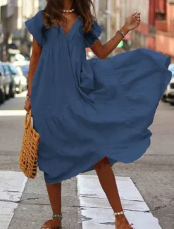 Discount Women's Long Dress Maxi Dress Cotton Linen Dresses Casual Dress Swing Dress A Line Dress Streetwear Maxi Vacation Street Holiday Loose Fit Short Sleeve V Neck Yellow Pink Dark Blue Light Blue Summer Women Dresses