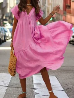 Discount Women's Long Dress Maxi Dress Cotton Linen Dresses Casual Dress Swing Dress A Line Dress Streetwear Maxi Vacation Street Holiday Loose Fit Short Sleeve V Neck Yellow Pink Dark Blue Light Blue Summer Women Dresses