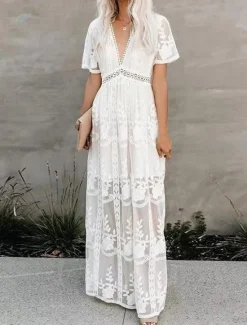 Clearance Women's Long Dress Maxi Dress Lace Dress Casual Dress Summer Dress Fashion Modern Daily Beach Weekend Regular Fit Plain Short Sleeve V Neck Summer Women White Dresses