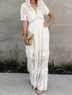 Clearance Women's Long Dress Maxi Dress Lace Dress Casual Dress Summer Dress Fashion Modern Daily Beach Weekend Regular Fit Plain Short Sleeve V Neck Summer Women White Dresses