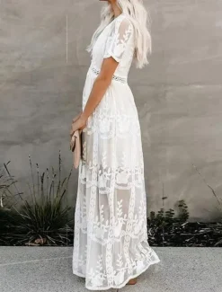 Clearance Women's Long Dress Maxi Dress Lace Dress Casual Dress Summer Dress Fashion Modern Daily Beach Weekend Regular Fit Plain Short Sleeve V Neck Summer Women White Dresses
