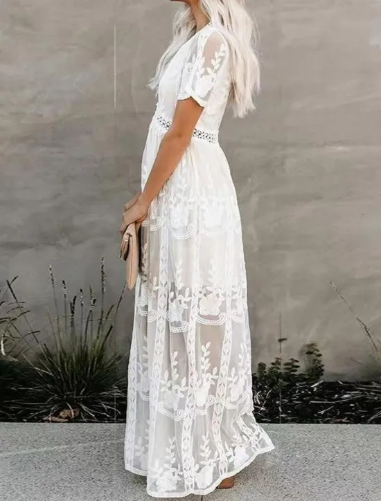 Clearance Women's Long Dress Maxi Dress Lace Dress Casual Dress Summer Dress Fashion Modern Daily Beach Weekend Regular Fit Plain Short Sleeve V Neck Summer Women White Dresses