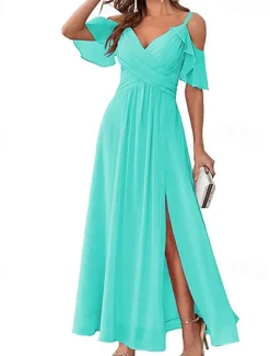Discount Women's Long Dress Maxi Dress Prom Dress Party Dress Cocktail Dress Wedding Guest Dress Fashion Party Special Occasion Date Regular Fit Plain Short Sleeve V Neck Yellow Light Blue Summer Women Cocktail Dress