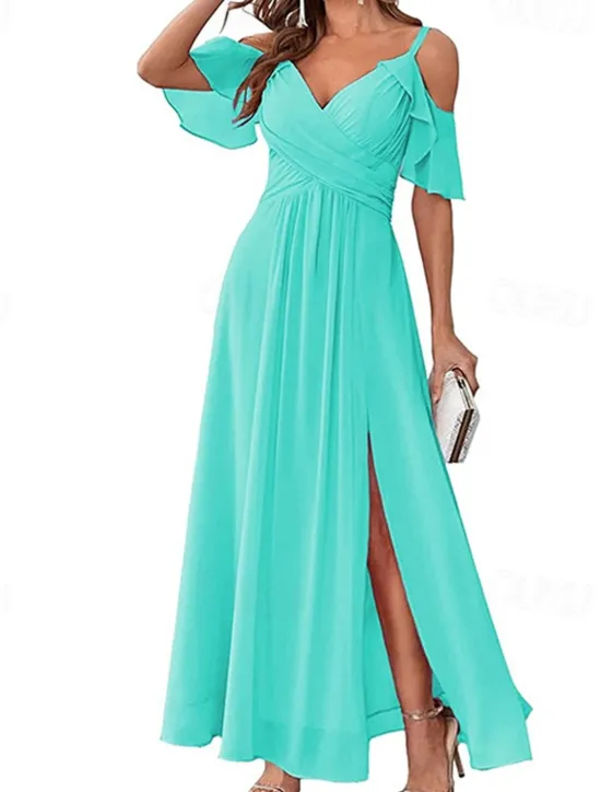Discount Women's Long Dress Maxi Dress Prom Dress Party Dress Cocktail Dress Wedding Guest Dress Fashion Party Special Occasion Date Regular Fit Plain Short Sleeve V Neck Yellow Light Blue Summer Women Cocktail Dress