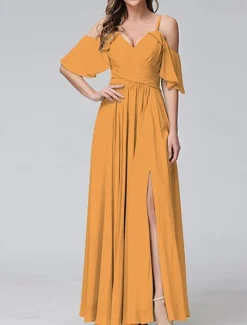 Discount Women's Long Dress Maxi Dress Prom Dress Party Dress Cocktail Dress Wedding Guest Dress Fashion Party Special Occasion Date Regular Fit Plain Short Sleeve V Neck Yellow Light Blue Summer Women Cocktail Dress