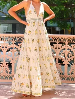 Online Women's Long Dress Maxi Dress Cotton Linen Dresses Casual Dress Fashion Outdoor Party Holiday Regular Fit Flower Short Sleeve Halter Neck Summer Women Floral Dresses
