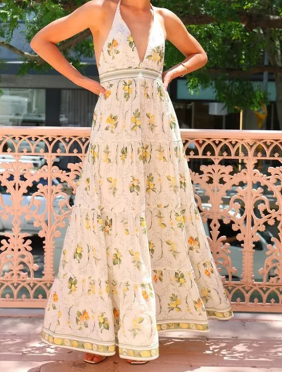 Online Women's Long Dress Maxi Dress Cotton Linen Dresses Casual Dress Fashion Outdoor Party Holiday Regular Fit Flower Short Sleeve Halter Neck Summer Women Floral Dresses