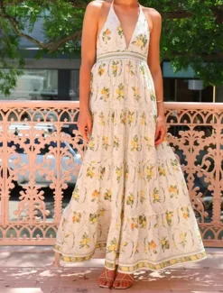 Online Women's Long Dress Maxi Dress Cotton Linen Dresses Casual Dress Fashion Outdoor Party Holiday Regular Fit Flower Short Sleeve Halter Neck Summer Women Floral Dresses