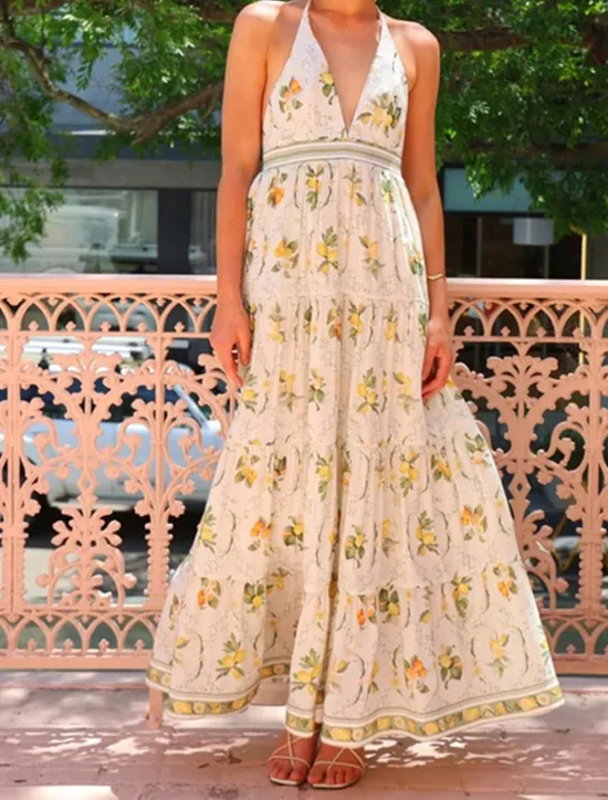 Online Women's Long Dress Maxi Dress Cotton Linen Dresses Casual Dress Fashion Outdoor Party Holiday Regular Fit Flower Short Sleeve Halter Neck Summer Women Floral Dresses