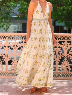 Online Women's Long Dress Maxi Dress Cotton Linen Dresses Casual Dress Fashion Outdoor Party Holiday Regular Fit Flower Short Sleeve Halter Neck Summer Women Floral Dresses
