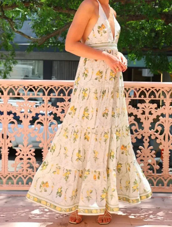 Online Women's Long Dress Maxi Dress Cotton Linen Dresses Casual Dress Fashion Outdoor Party Holiday Regular Fit Flower Short Sleeve Halter Neck Summer Women Floral Dresses