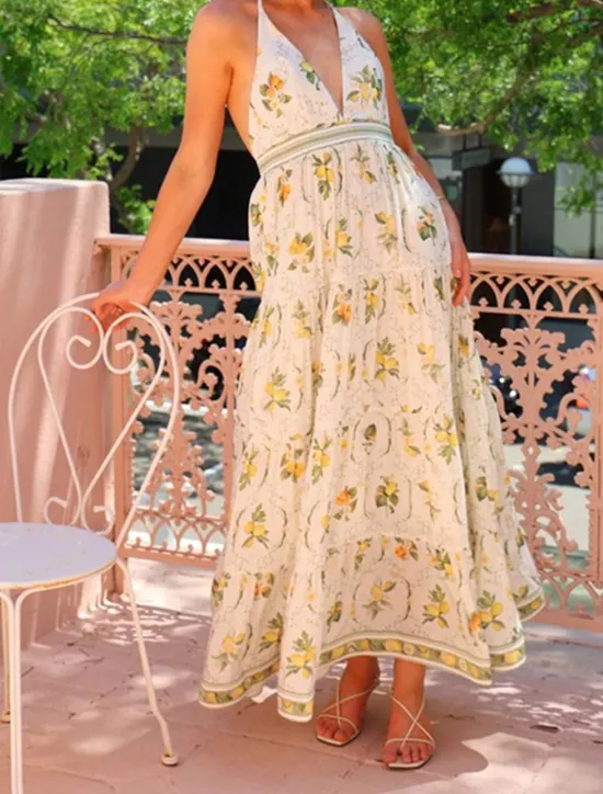 Online Women's Long Dress Maxi Dress Cotton Linen Dresses Casual Dress Fashion Outdoor Party Holiday Regular Fit Flower Short Sleeve Halter Neck Summer Women Floral Dresses
