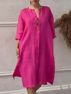 Online Women's Long Dress Maxi Dress Linen-Inspired Dresses Casual Dress Stylish Casual Vacation Daily Date Regular Fit Plain Long Sleeve V Neck Black Light Green Pink Red Summer Spring Women Dresses