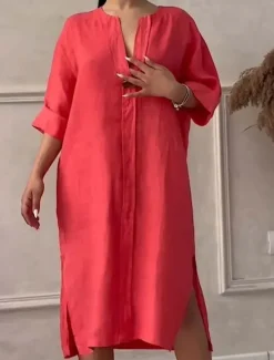 Online Women's Long Dress Maxi Dress Linen-Inspired Dresses Casual Dress Stylish Casual Vacation Daily Date Regular Fit Plain Long Sleeve V Neck Black Light Green Pink Red Summer Spring Women Dresses