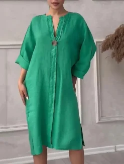Online Women's Long Dress Maxi Dress Linen-Inspired Dresses Casual Dress Stylish Casual Vacation Daily Date Regular Fit Plain Long Sleeve V Neck Black Light Green Pink Red Summer Spring Women Dresses