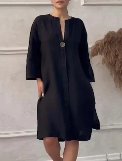 Online Women's Long Dress Maxi Dress Linen-Inspired Dresses Casual Dress Stylish Casual Vacation Daily Date Regular Fit Plain Long Sleeve V Neck Black Light Green Pink Red Summer Spring Women Dresses