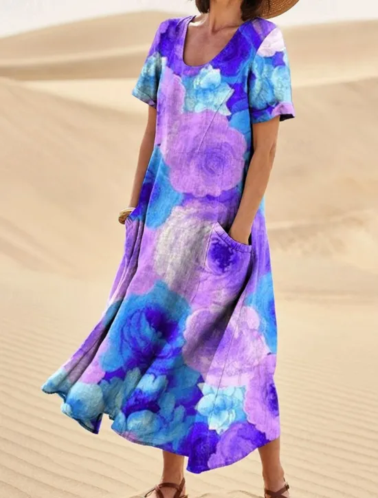 Discount Women's Long Dress Maxi Dress Casual Dress Swing Dress Summer Dress Elegant Fashion Romantic Outdoor Party Holiday Regular Fit Flower Short Sleeve Crew Neck Purple Rainbow Rose Red Summer Women Floral Dresses