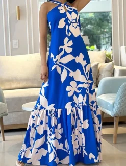 Best Women's Long Dress Maxi Dress Cocktail Dress Halter Neck Dress Elegant Fashion Tea Party Going out Weekend Regular Fit Flower Sleeveless Halter Neck Summer Women Floral Dresses